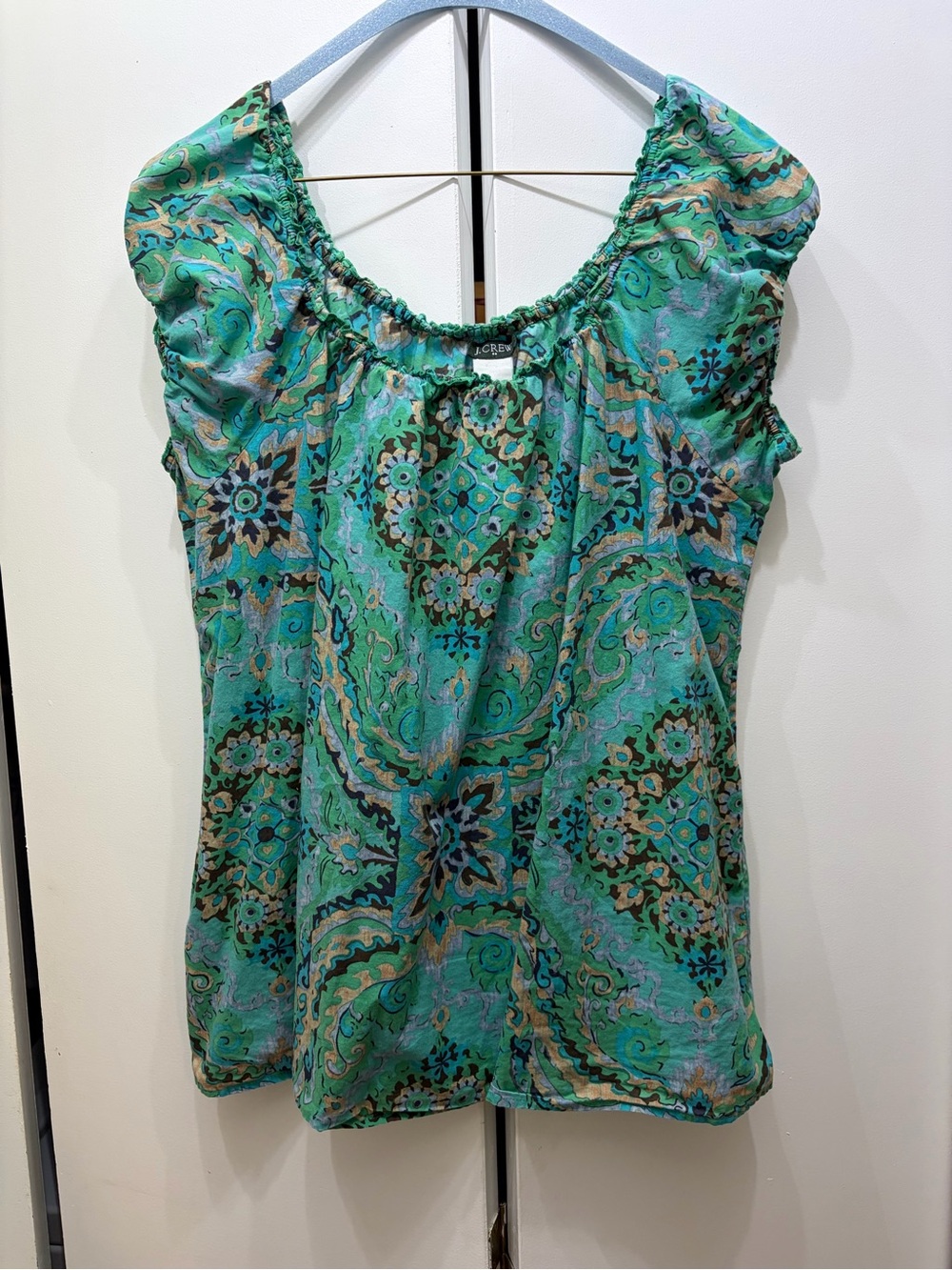 J. Crew Teal Green Paisley on/Off-Shoulder Blouse-100% Cotton